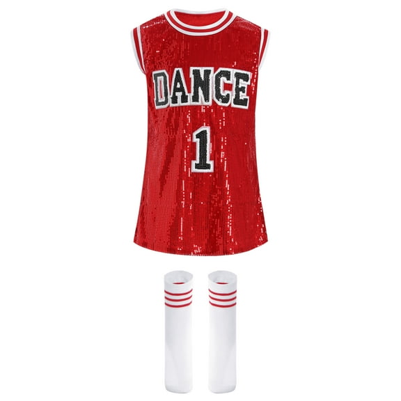 Miutii Girls Jazz Hip Hop Dance Clothes Kids Jersey Sequin Cheerleading Dress Long Tank Top with Socks Set Dancewear Red 9-10