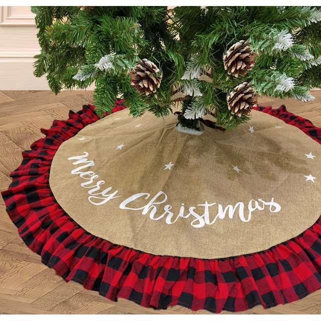 48 Inch Christmas Tree Skirt Linen Burlap Buffalo Plaid Edge Decoration for Merry Christmas