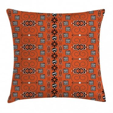 African Throw Pillow Cushion Cover, Ethnic Tribal Pattern with Traditional Ornamental Figures Folk Boho Design, Decorative Square Accent Pillow Case, 18 X 18 Inches, Orange Black White, by Ambesonne