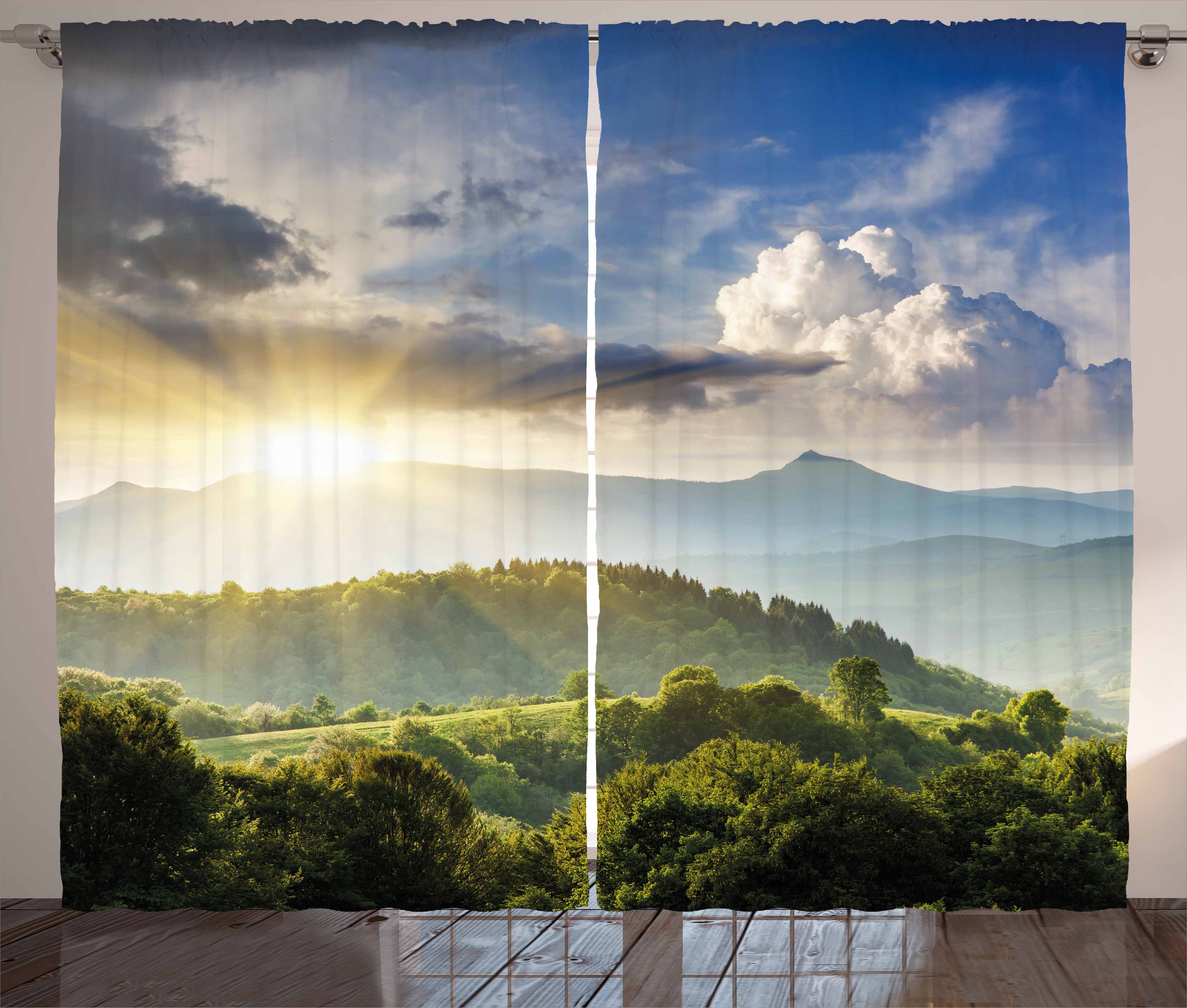 Nature Curtains 2 Panels Set, Rising Sun Clouds over Forest Hill Woodland Idyllic Countryside