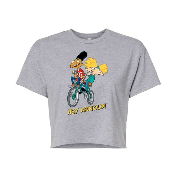 Hey Arnold! - Arnold and Gerald on Bike - Juniors Cropped Cotton Blend T-Shirt