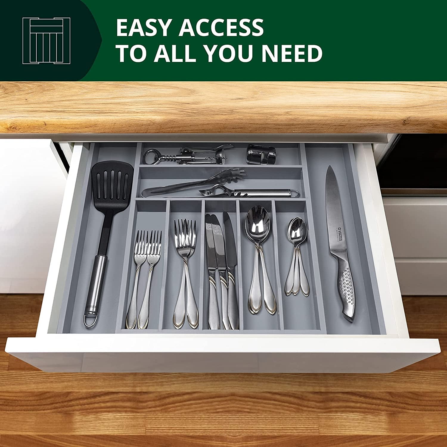 Royal Craft Wood Luxury Bamboo Kitchen Drawer Organizer - Silverware Organizer - Utensil Holder and Cutlery Tray with Grooved Drawer Dividers for Flatware and Kitchen Utensils (9 Slot, Gray)