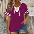 thumbnail image 2 of GZWYHT Women's Lace Up Front Short Sleeve Tops Striped Crew Neck Raglan Baseball Tee Shirt Plus Size Tops for Women Loose Fit Top Purple XL, 2 of 5