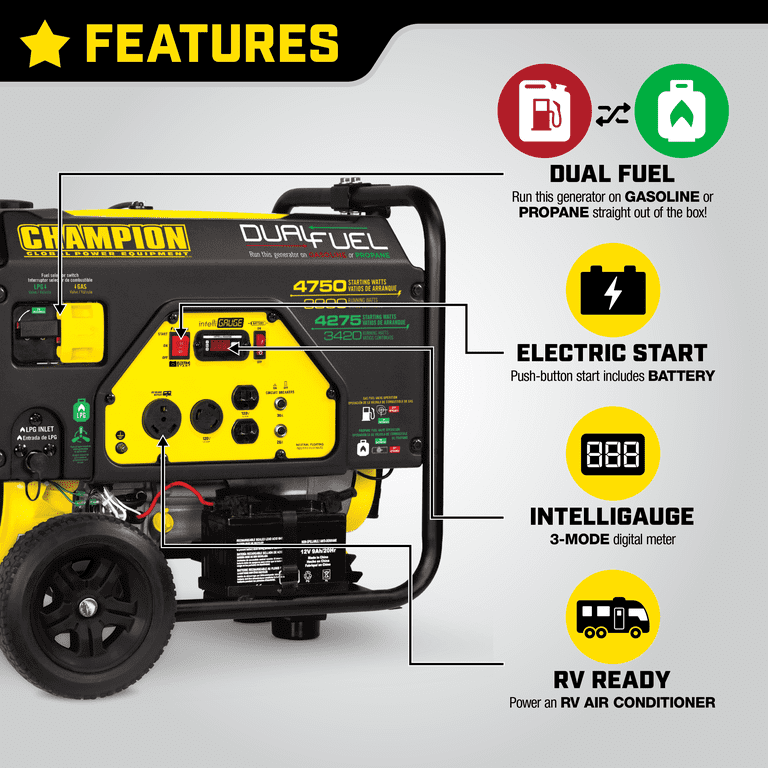 Champion Power Equipment 4750/3800-Watt Dual Fuel RV Ready Portable Generator with Electric Start Champion Power Equipment 4750/3800-Watt Dual Fuel RV Ready Portable Generator with Electric Start