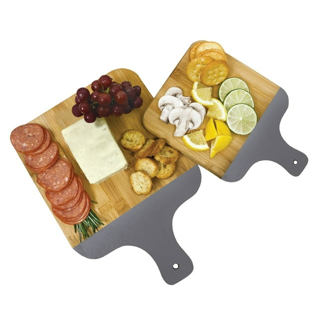 JS Gourmet - Lot de 2 Planches à Découper et à Servir en Bambou avec Manche Gris