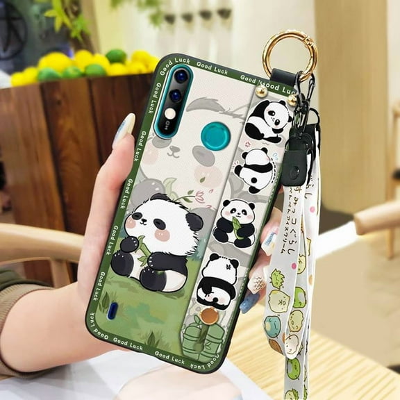 KBS-Phone Case For Itel A56/A56 Pro, Fashion Design Silicone Panda Durable Cartoon Protective Anti-knock Shockproof Anti-dust Lanyard Dirt-resistant Soft case Cute Wristband Waterproof