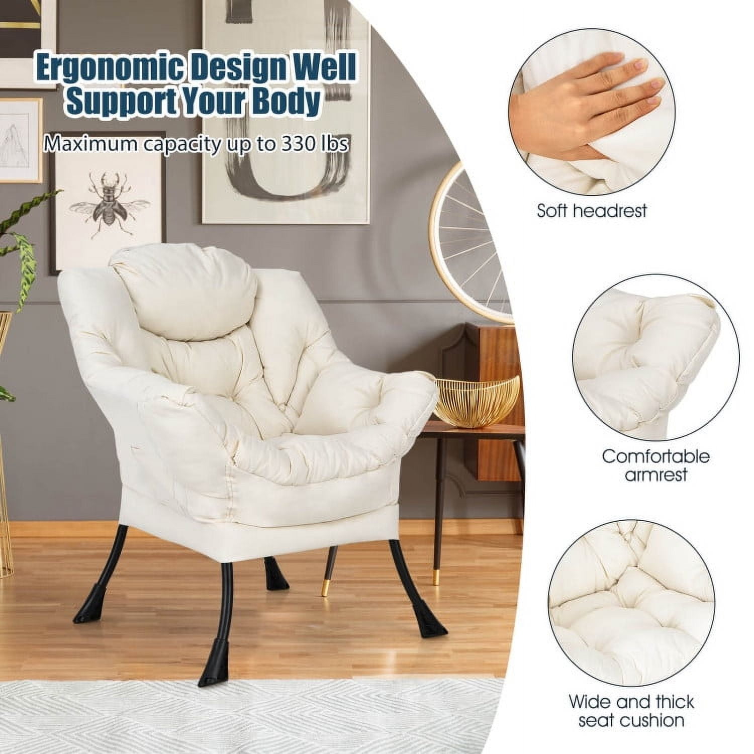 Demi Bonn Polyester Fabric Large Lazy Chair, Modern Accent Oversized Comfy Reading with Steel Frame and Side Pocket, for Living Room, Bedroom, Dorm, Beige