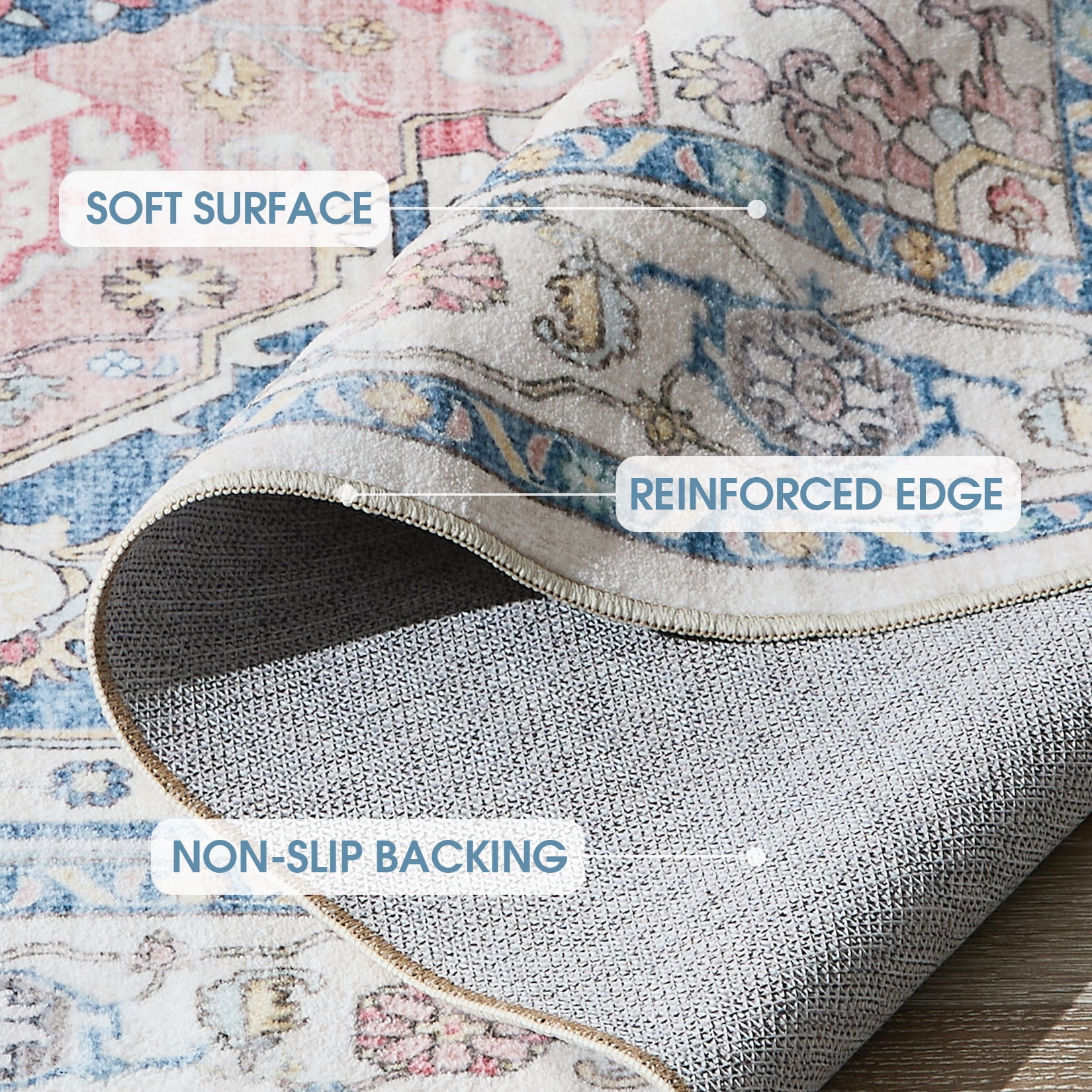 6x9 Area Rug Living Room Rugs - Washable Boho Rug Vintage Oriental Distressed Farmhouse Large Thin Indoor Carpet for Living Room Bedroom Under Dining Table Home Office-PinkBlue