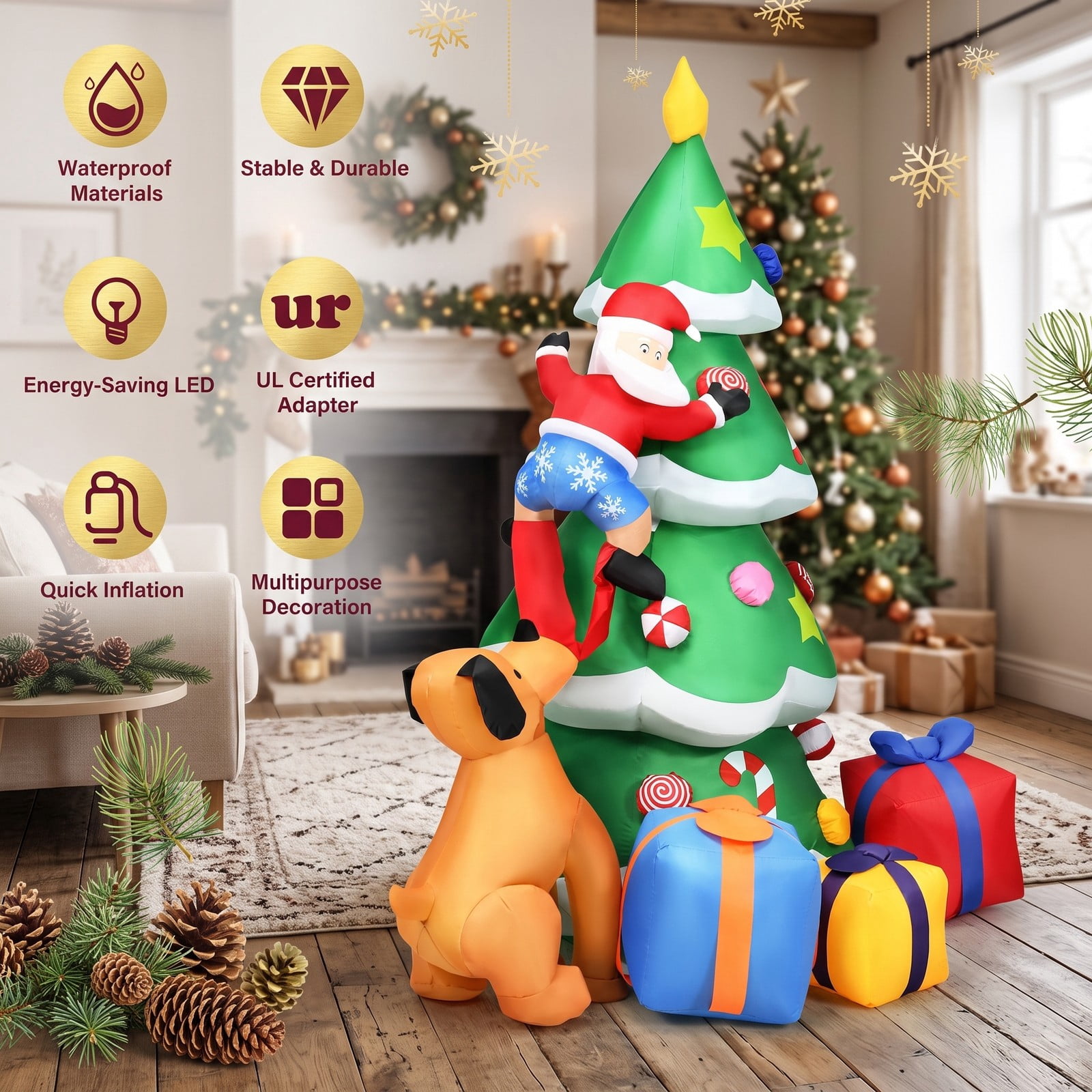 RUIE 7 FT Inflatable Christmas Tree with LED Lights, Blow Up Santa Claus Yard Decoration for Outdoor Xmas Holiday Lawn Garden Party Decor, Green