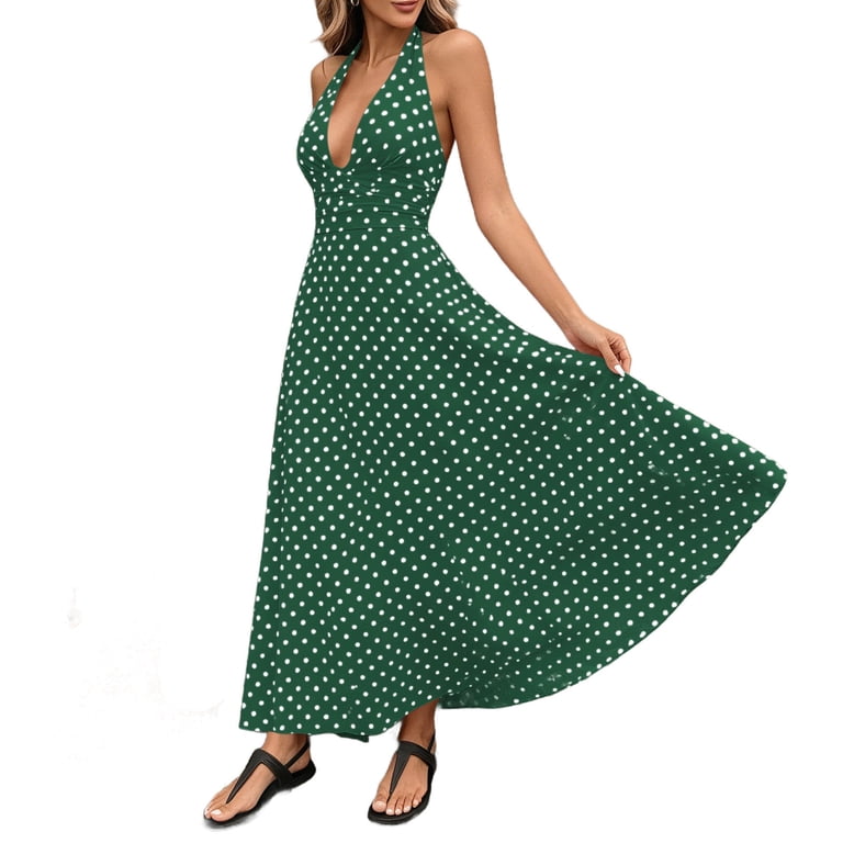 green polka dot halter dress AiiRZ Olive Green Polka Dot Asymmetric Halter Neck Midaxi Dress With Ruched Bodycon Silhouette For Summer Party Wedding Guest,XS