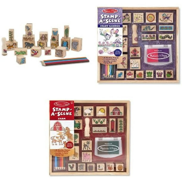 4 Item Bundle: Melissa and Doug Stamp a Scene 2423 Rain Forest, 2424 Fairy Garden, 8592 Farm