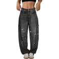 thumbnail image 3 of Women's High Waisted Baggy Jeans, Rhinestone Straight Leg Denim Pants, Loose Fit Casual Jeans for Streetwear, Daily Outfits and Fashion Grey L, 3 of 6