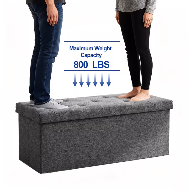 43" Foldable Storage Ottoman Bench with Bins, Padded Footrest Stool for End of Bed, Living Room and Entryway, Holds up to 800 lbs, Gray