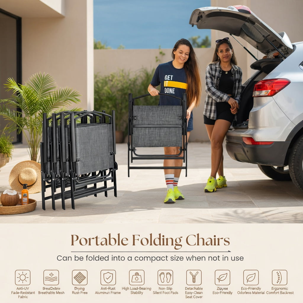 Hommoo 4-Pack Folding Patio Chairs, Heavy-Duty Steel Frame, Breathable Fabric Seats, Easy-Fold for Backyard, Poolside & Garden Use, Gray