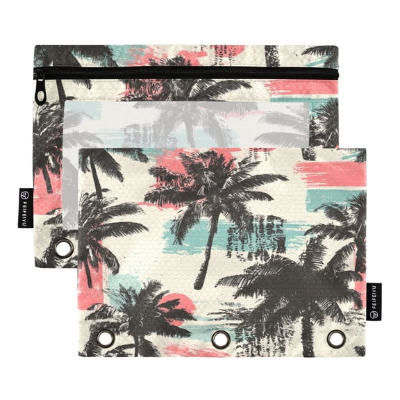 2 Pack 3 Ring Binder Pouch with Clear PVC Window Water Resistant Zipper Pencil Pouch Distressed Palm Pattern Binder Pocket for Classroom Office Home Stationery Organization