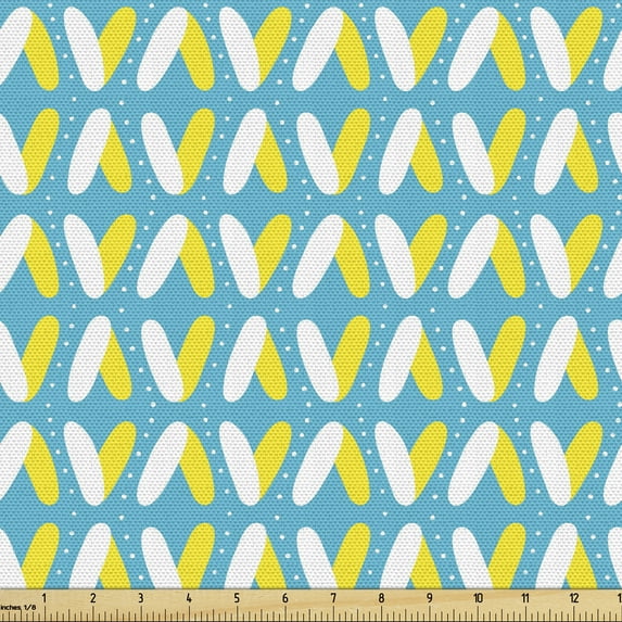Abstract Fabric by the Yard Upholstery, Repetitive Pattern with Dots and V Shape Motifs Image, Decorative Fabric for DIY and Home Accents, Sea Blue Yellow by Ambesonne