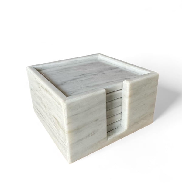 Portavasos de mármol, juego de 6 piezas con base de piedra de mármol natural, blanco