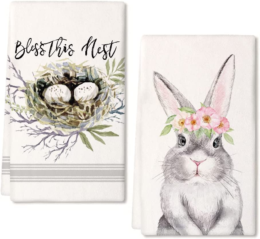 JOOCAR Easter Kitchen Towels, Gray Striped Easter Bunny Corolla Bird