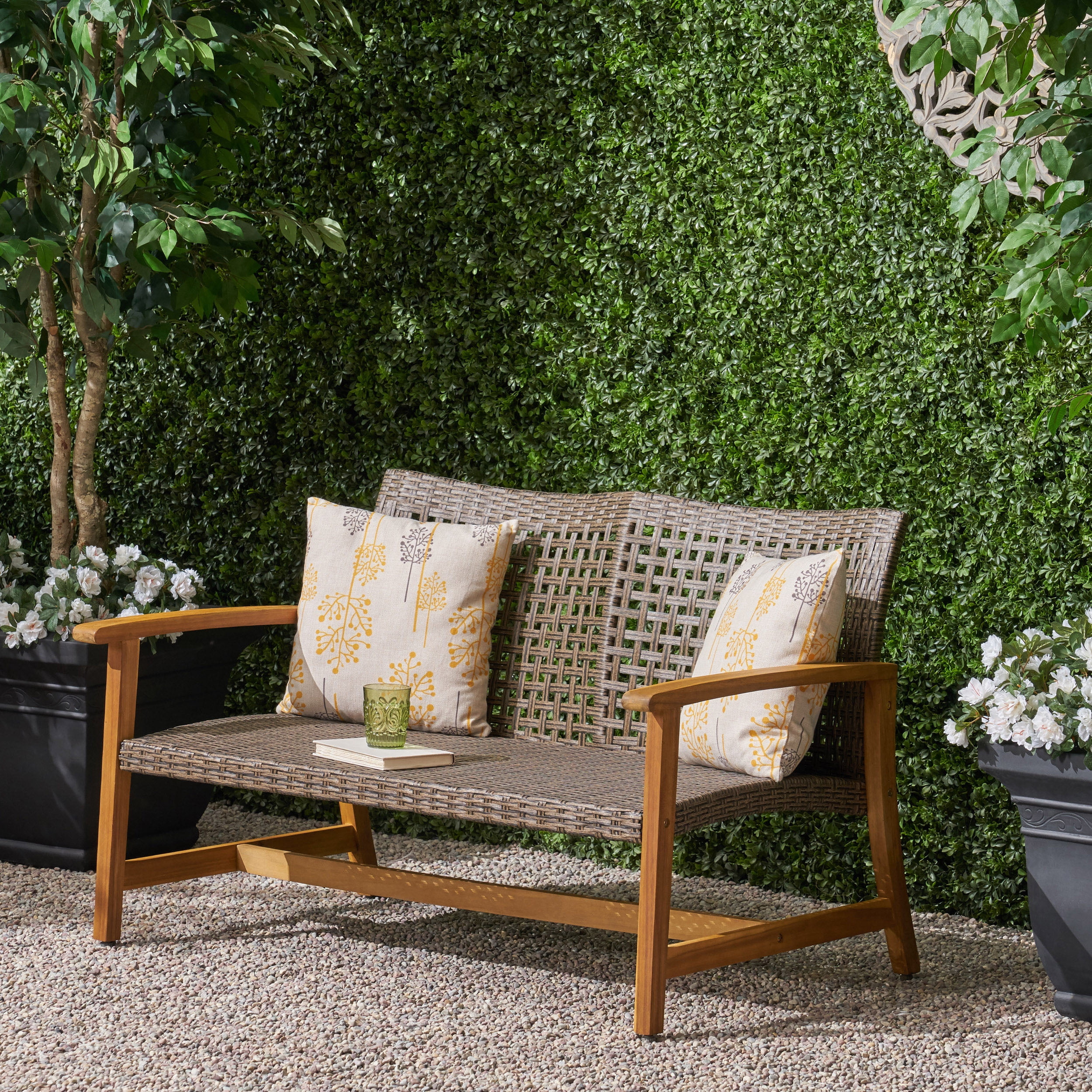 Outdoor Wood Woven Combined Double Seat Loveseat, Mixed Material Leisure Sofa for Patio Garden, Multi Brown and Gray