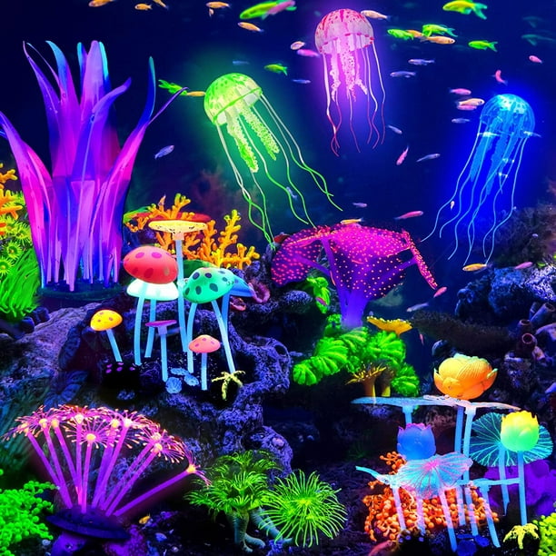 8 Pieces Aquarium Fish Tank Decorations Silicone Glowing Aquarium Ornaments  Artificial Floating Jellyfish Simulation Coral Mushroom Plant Ornament for Fish  Tank Accessories 
