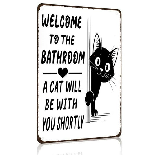 Funnysign Cat Lovers Gifts Welcome To The Bathroom A Cat Will Be with You Tin Sign for Bathroom Toilet Decor 8 X 12 Inch