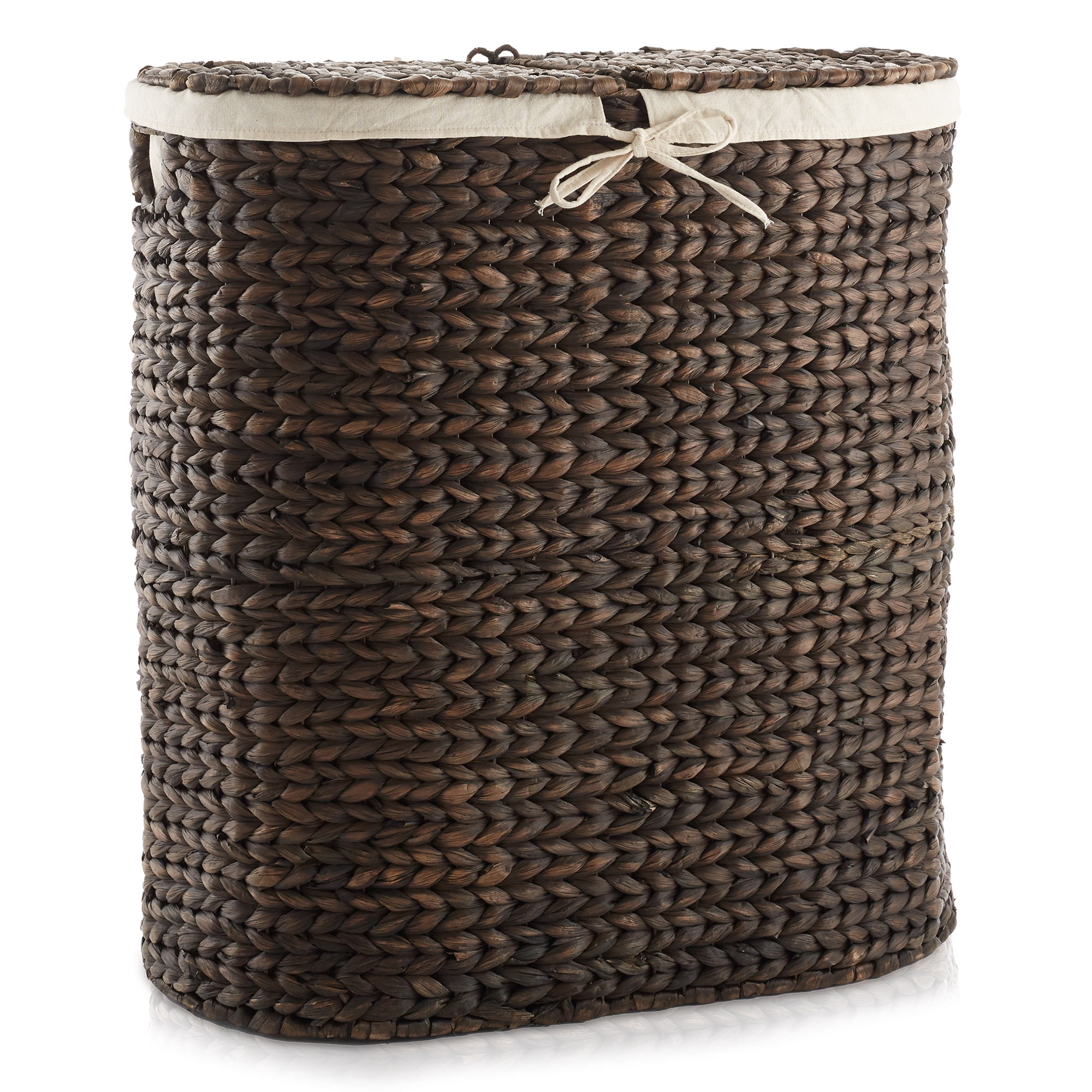 Casafield Oval Laundry Hamper with Lids and Removable Liner Bags - Espresso Dark Brown, Woven Water Hyacinth 2-Section Laundry Basket for Clothes