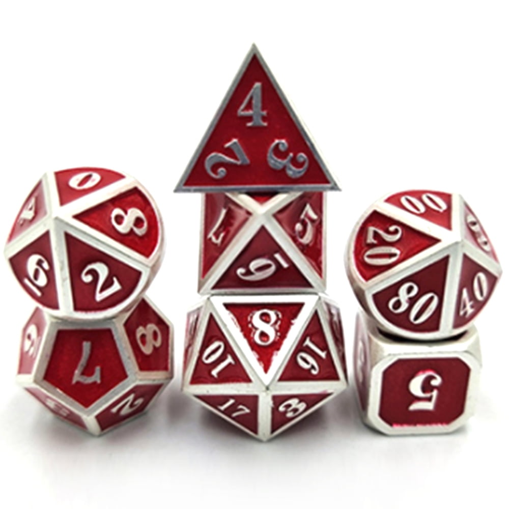 Dungeons and Dragons Polyhedral Metal Dices Set Zinc Alloy with Enamel Solid Metal for DND Game Tabletop RPG 7 Pieces Dice Set with Black Velvet Bag New Silver Nickel Math Teaching 