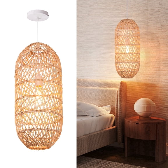Hollymoon Natural Rattan Pendant Light Handmade Woven Lantern Hanging Ceiling Lamp for Kitchen Island Hallway Foyer
