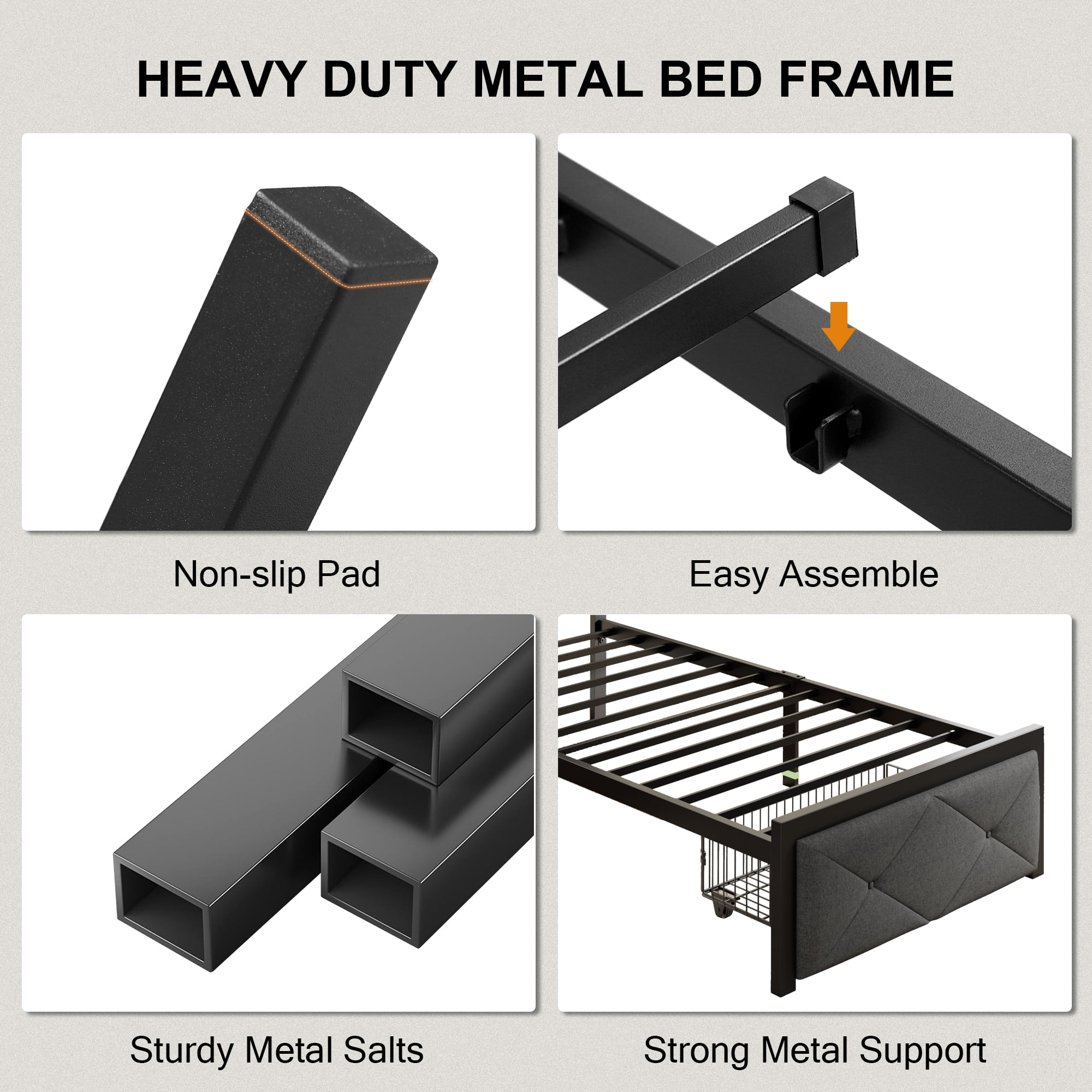 Virans Twin Size Bed Frame with Storage Drawers, Linen Upholstered Platform Bed with Charging & Storage Headboard, Metal Slat Support, No Box Spring Required, Noise Free, Easy Assembly,Gray