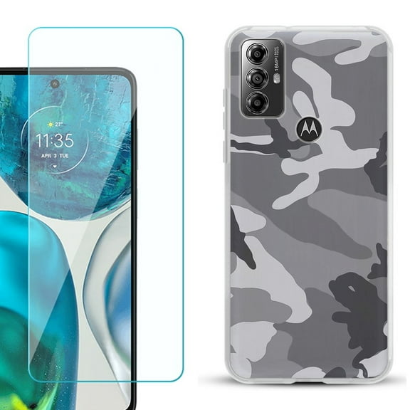 OneToughShield ® for Motorola Moto G Play 2023 Shockproof Fashion Phone Case, with Tempered Glass Screen Protector - Camo B/W