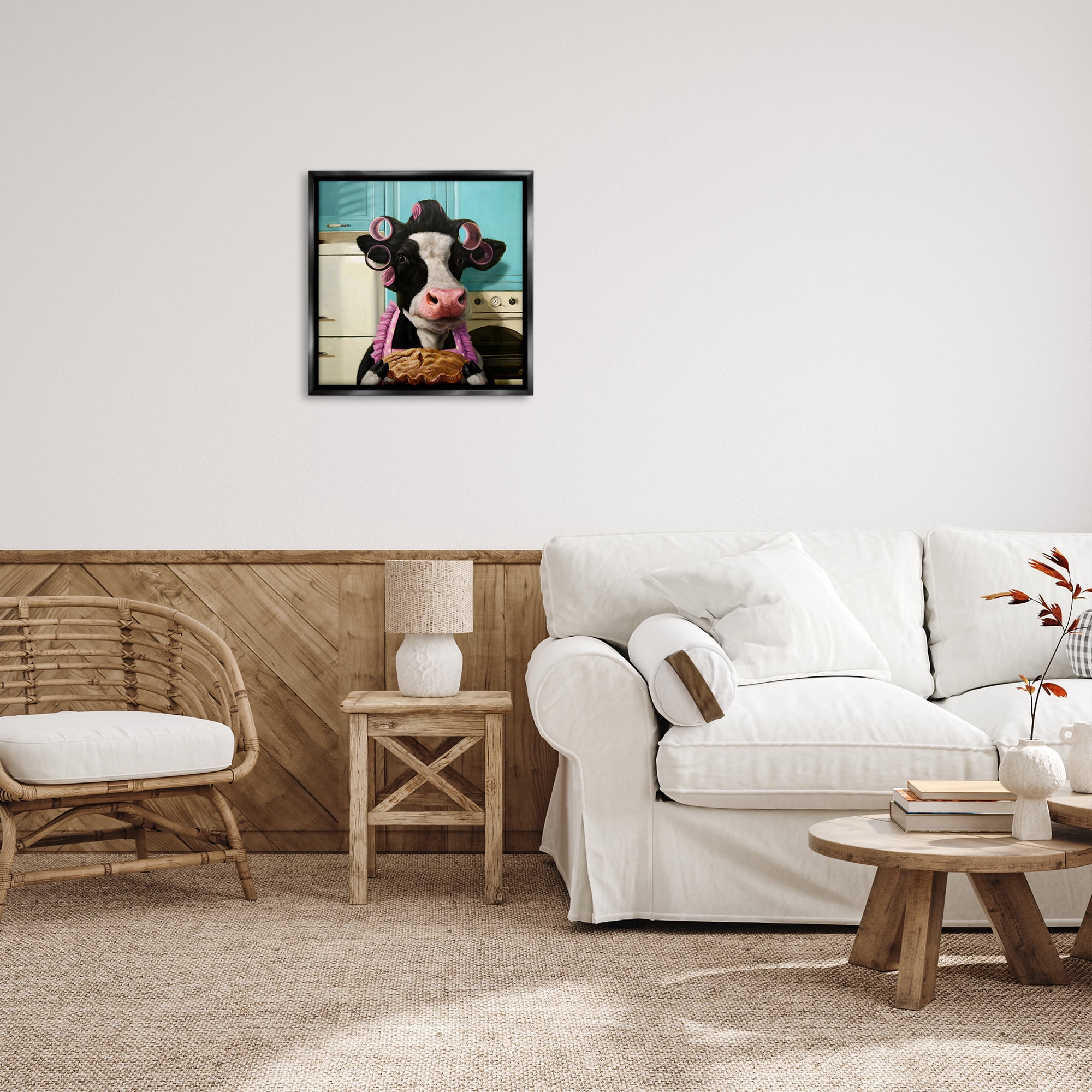 Stupell Industries Glamorous Cow Baking Pie Animals & Insects Painting Black Floater Framed Canvas Art Print Wall Art, 25 x 25
