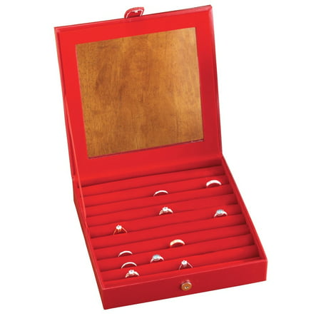 Red, Faux Leather and Felt-lined Rows Jewelry Organizer Ring Box,