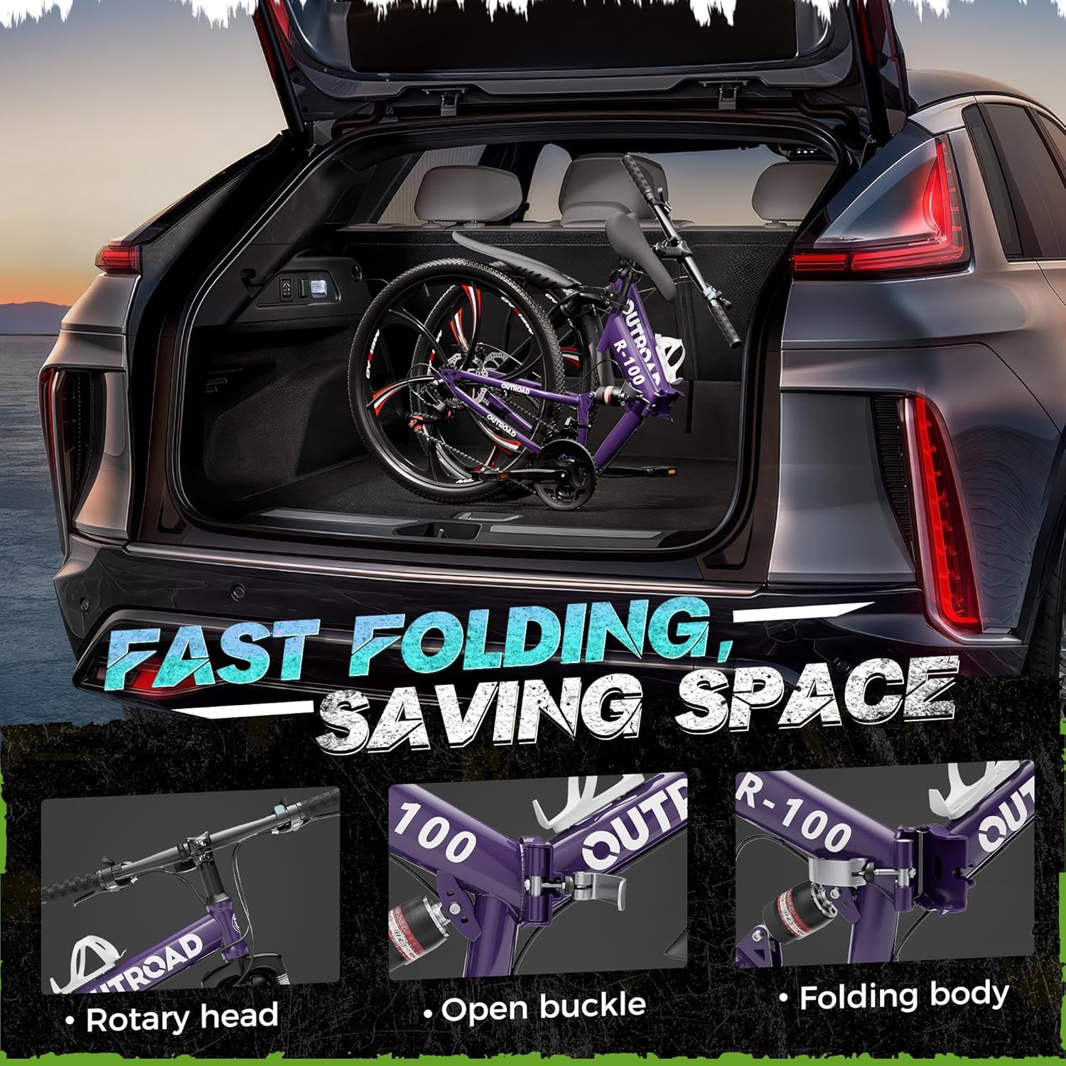 Marknig 26 inch Folding Mountain Bike for Adults, 21 Speed Full Suspension High-Carbon Steel MTB Foldable Bicycle, Dual Disc Brake Non-Slip Folding Bikes for Men or Women, Purple