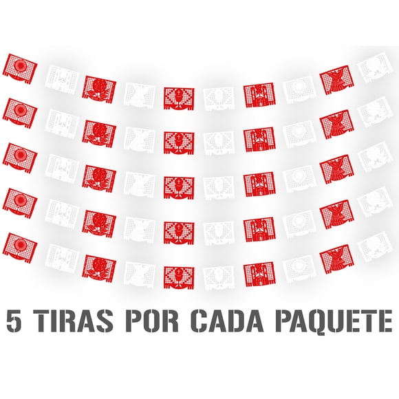 Papel Picado Religioso | Guirnaldas | Enramado | 5 tiras de 5 metros | diseño religioso rojo y blanco con colores vibrantes | enramada mexicana artesanal | decoración de plastico picado