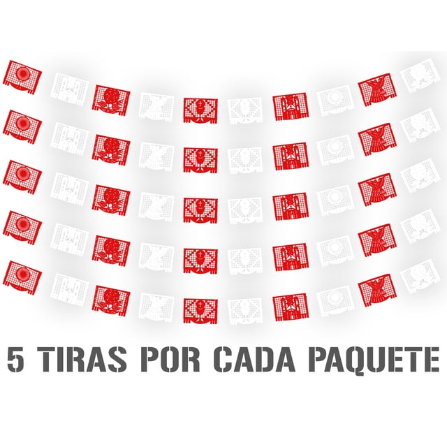Papel Picado Religioso | Guirnaldas | Enramado | 5 tiras de 5 metros | diseño religioso rojo y blanco con colores vibrantes | enramada mexicana artesanal | decoración de plastico picado