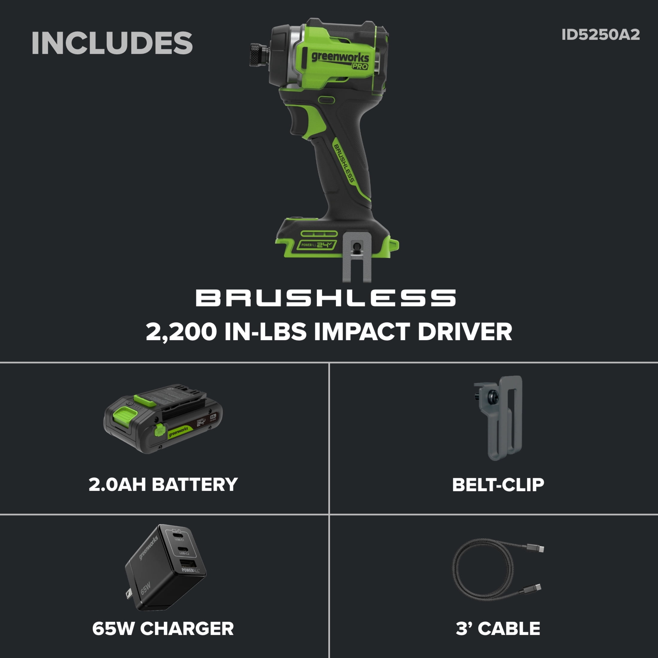 Greenworks Pro PowerAll 24V Brushless 2200 In-lb Impact Driver, 2Ah USB-C Battery, 65W Charger and Cable, ID5250A2