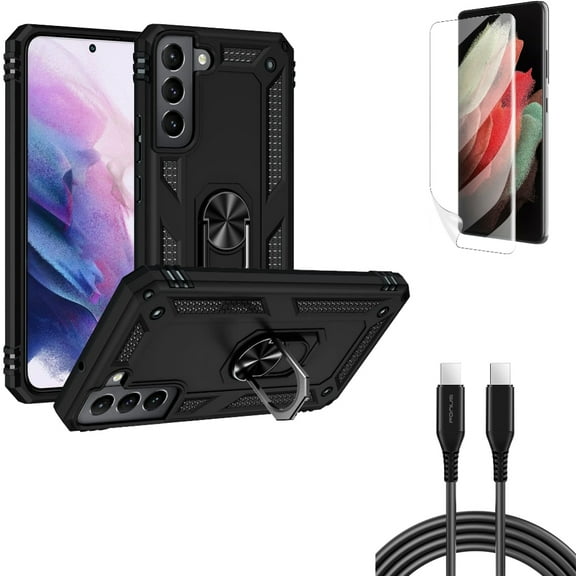 Hybrid Case Cover & 10ft Long USB-C Cable & Matte Screen Protector for Samsung Galaxy S22 Plus (S22 ) - Combo Metal Ring Kickstand & PD Fast Charger Cord Power Wire & TPU Film Anti-Glare