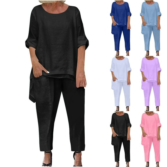 Summer Fashion Two Piece Sets for Women Dressy Plus Size Solid Color Round Neck Short Sleeve And Pants Sets With Pockets