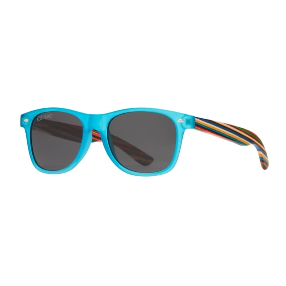 Indio Matte Aqua/Rainbow Wood Square Polarized Sunglasses, Smoke Lens, Recycled Plastic Frame, Premium Wood, 100% UVA/UVB, Eco-Friendly Sunglasses by Blue Planet