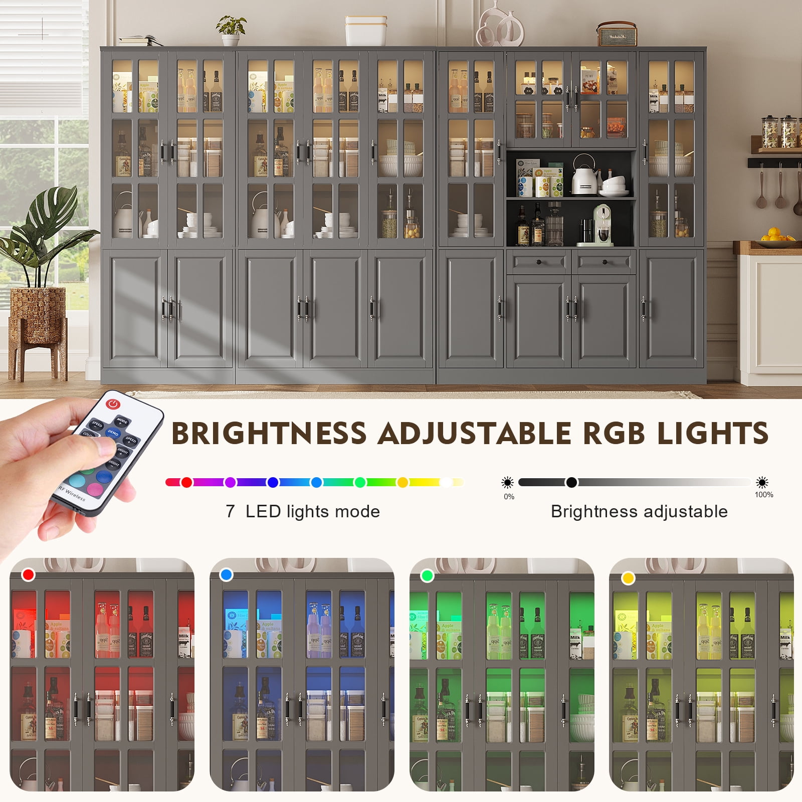 MEISSALIVVE 78.7" Kitchen Pantry Cabinet with Glass Doors & LED Lights, Freestanding Storage Hutch with Shelves, Gray Pantry Cupboard, 62.99" W x 15.7" D