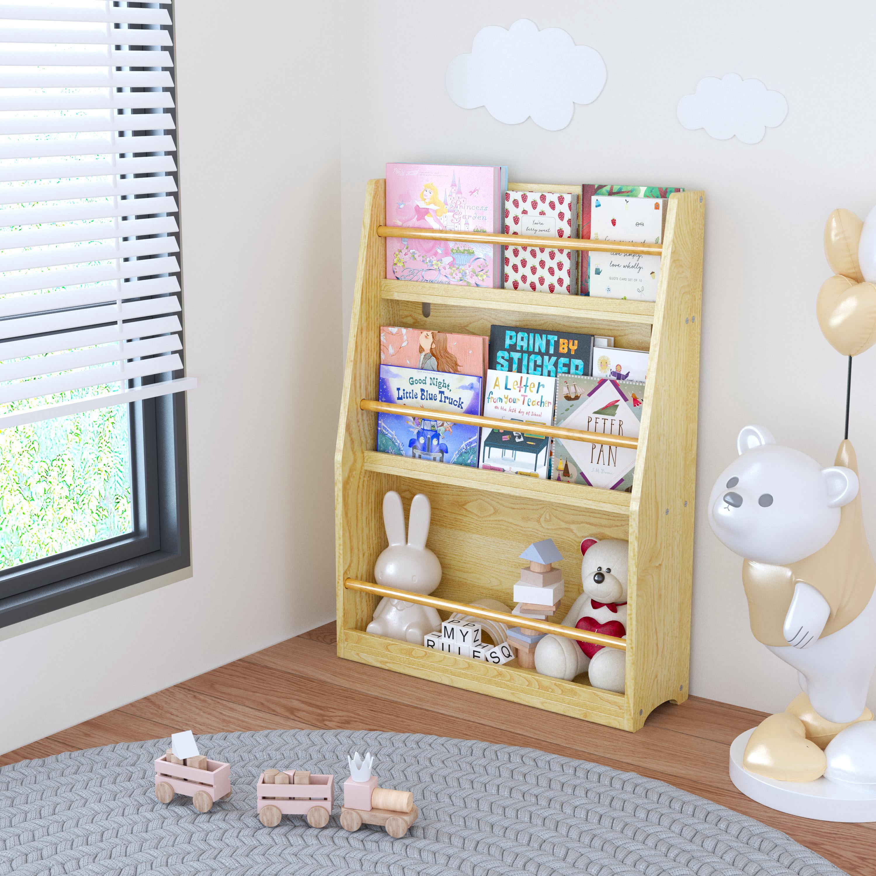 Yoneston Kids 3-Tier Bookcase with Wood Rails, Children's Standing Display Bookshelf for Playroom, Bedroom, Nursery, Natural