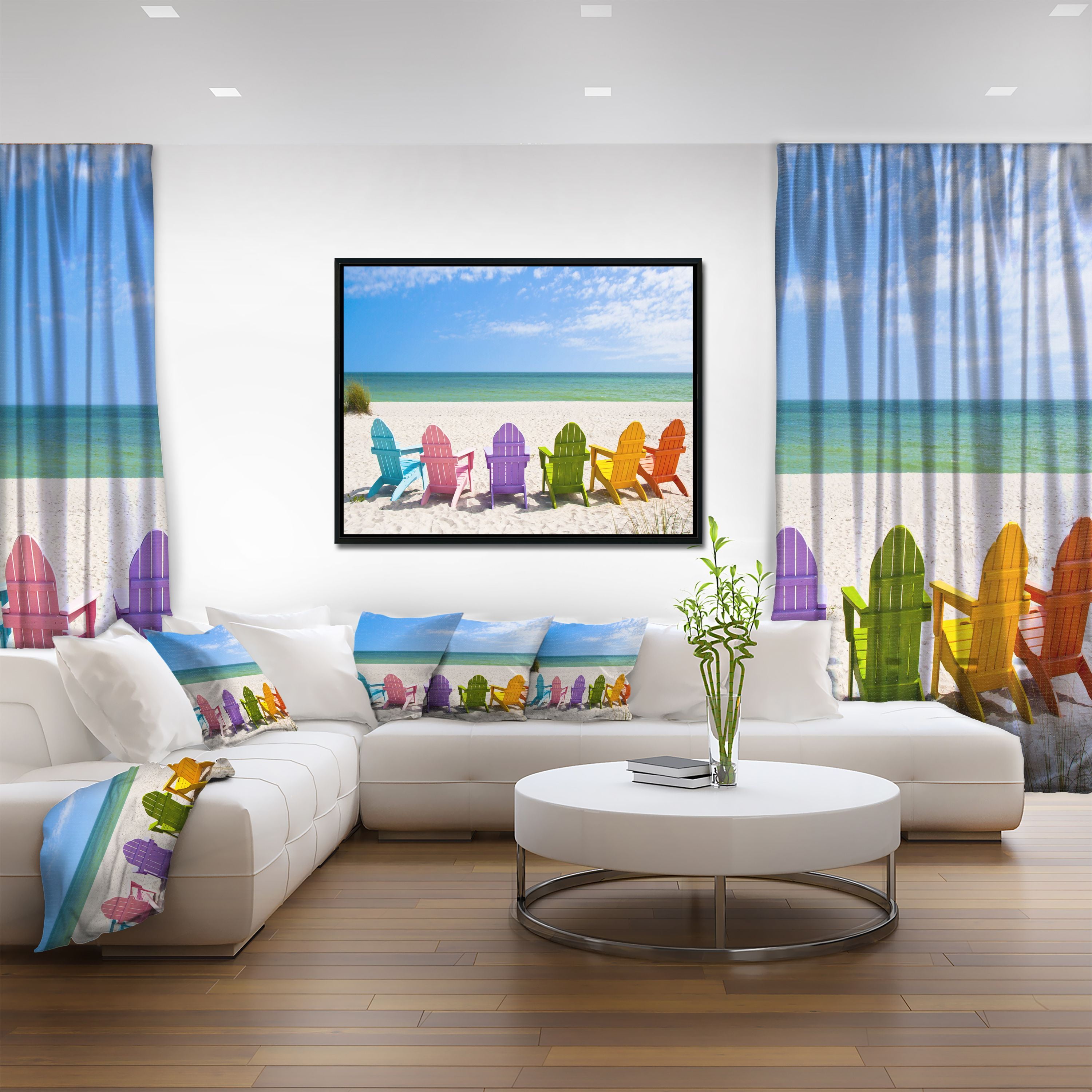 Designart ' Adirondack Beach Chairs ' Seashore Photo Framed Canvas Art Print