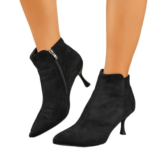 SACFOF Women's Kitten Heel Ankle Boots Short Bootie Pumps Close Pointed Toe Slip-on Stiletto High Heel Dress Shoes Suede Zipper 2.8 Inch