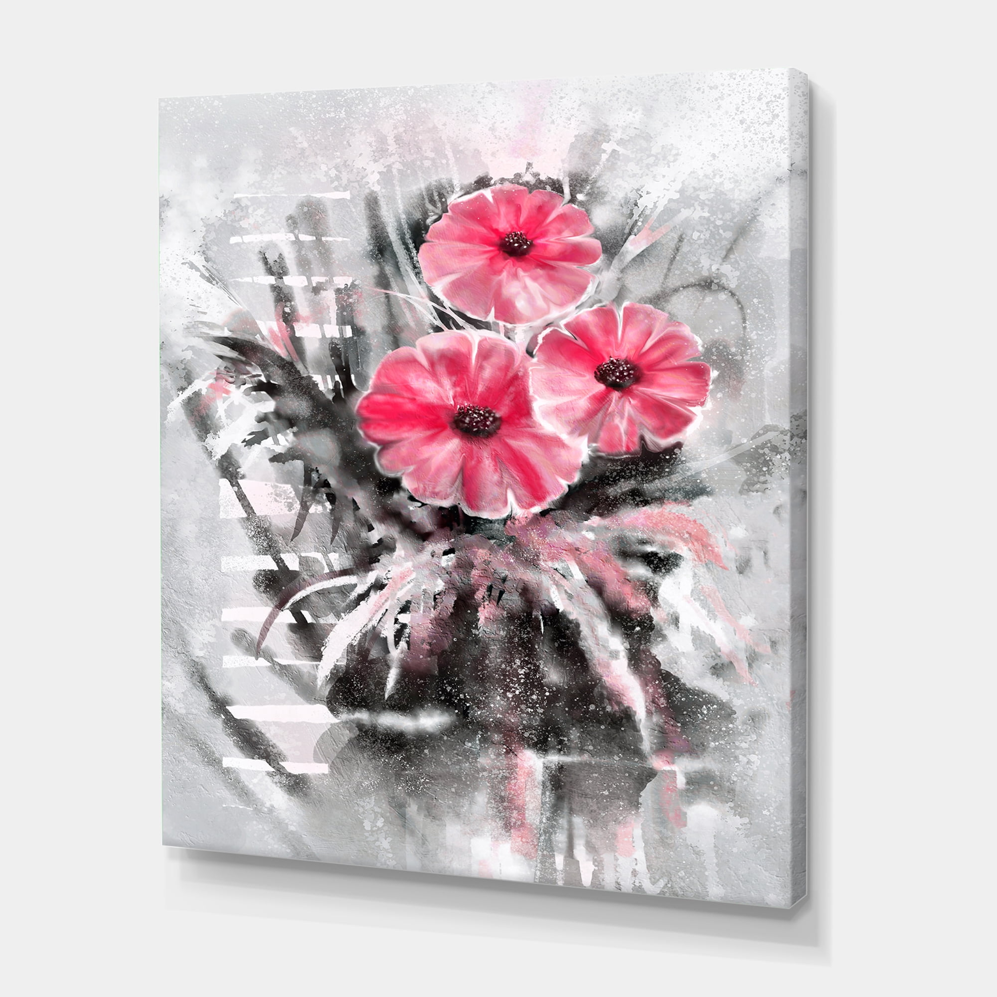 Designart ' Abstract Red Flowers On Gray Background ' Traditional Canvas Wall Art Print