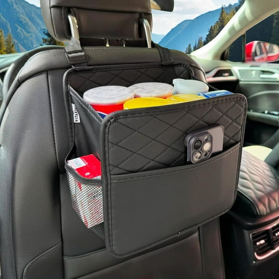 Upgrade Car Seat Organizer Backseat with Storage Pockets, Multipurpose Car Organizer Hanging, Car Trash Bag Can,Premium PU Leather Garbage Can 2.14 Gallon Large Capacity, Black