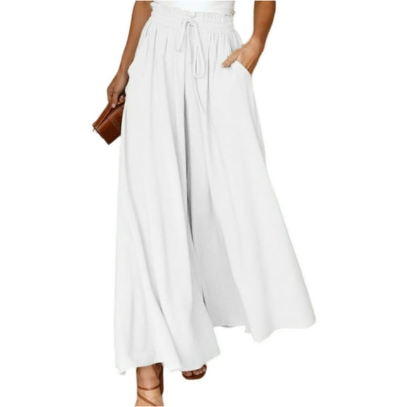 Women's Wide Leg Skirt Pants, High Waist Elastic Band, Casual Long Palazzo Trousers, Fashion Lounge Pants for Women, Comfortable and Stylish,White,L
