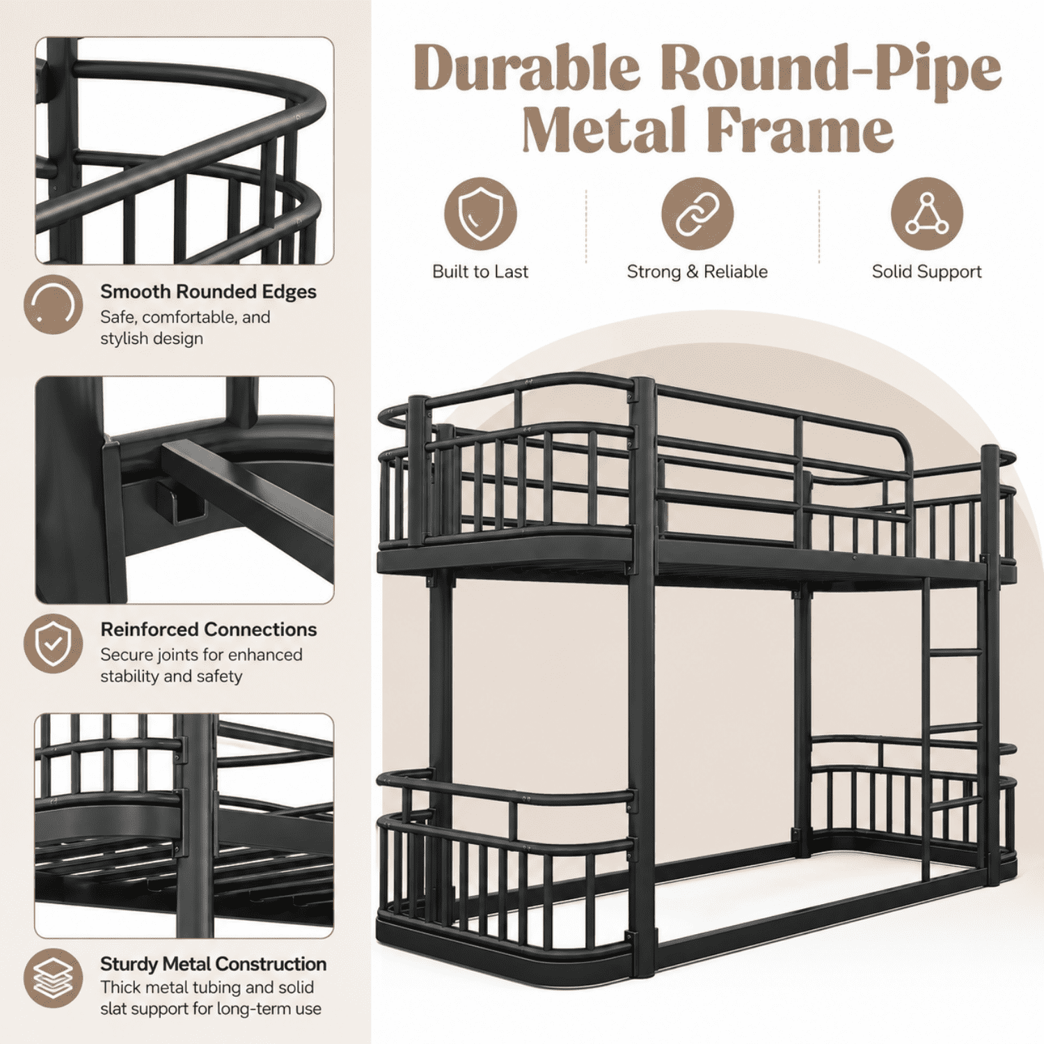 Miniyam Twin Over Twin Metal Bunk Bed with 16.5" Guardrails, Built-In Ladder and Metal Slats, Black