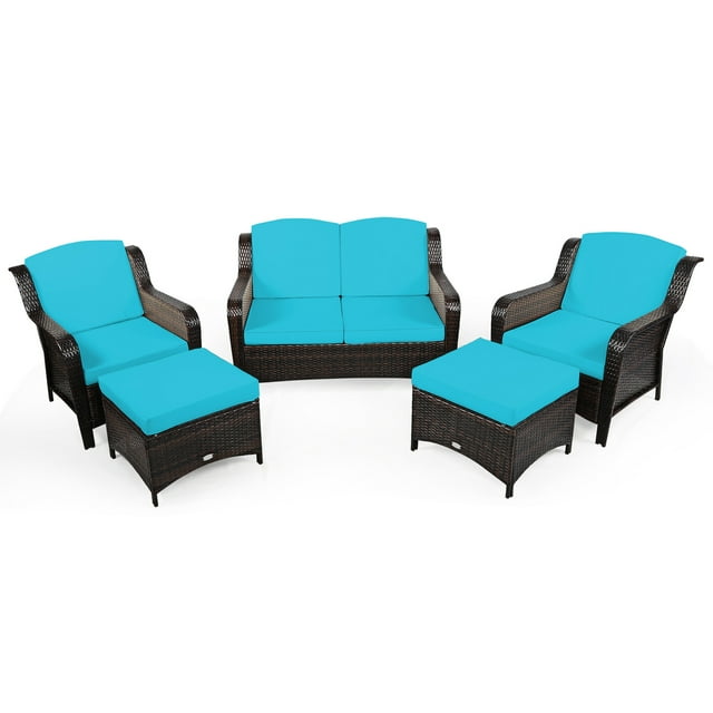 Gymax Ensemble de Conversation pour Patio en Rotin 5 Pcs, Mobilier d'Extérieur avec Coussins Turquoise