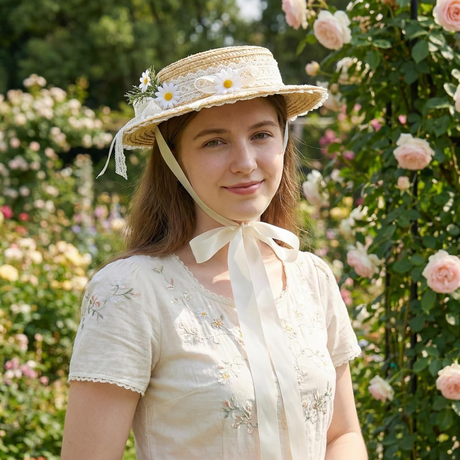 Kukuzhu Girls Women Victorian Tea Party Sun Hat, Lolita Lace Ribbons Straw Flat Hat Wide Brim Flower Bonnet Cap