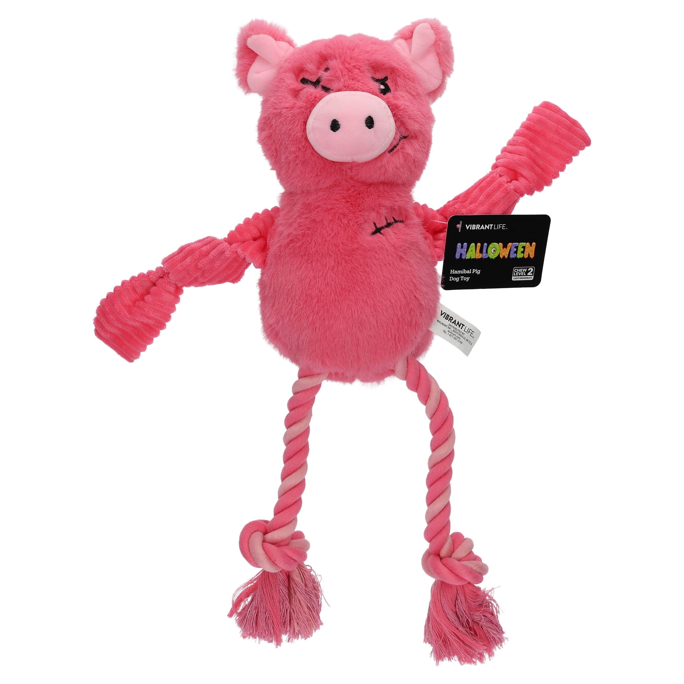 Vibrant Life Halloween Pink Hannibal Pig Plush Dog Toy with Ropes and Squeaker, Chew Level 2